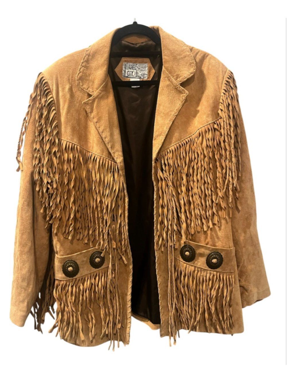 Vtg 80s Leather City Suede Fringe Western Jacket Concho Tan Made In USA Size M/L